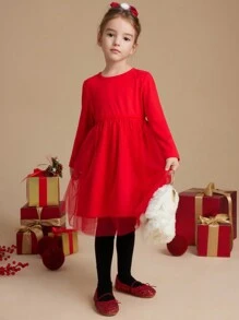 PrepCrw Young Girl Christmas Collegiate Style Red Woven Splice Mesh Round Neck A-Line Dress, Autumn/Winter