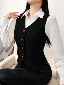 Modelyn Women's Solid Color Single Breasted V-Neck Casual Vest, Suitable For Autumn