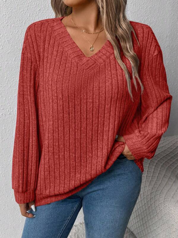 Plus Size Women Loose V-Neck Wide Ribbed Casual Pullover Sweatshirt, Autumn/Winter For New Year