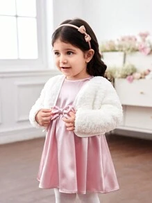SHEIN Fern Glow  Babygirl Autumn/Winter Cute Satin Sleeveless Dress With Elastic Waist & Fluffy Jacket Outerwear - White - View 3