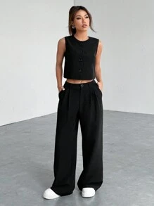 Muchica 女士简约纯色背心和裤子套装 - 黑色 - 查看 4