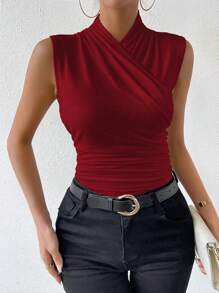 RosyDaze Camiseta ajustada minimalista y casual de color liso con pliegues envolventes para ropa de Año Nuevo