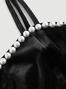 SHEIN MOD 珍珠吊带黑色连衣裙、舞会礼服、黑色礼服、生日女装、新年、情人节女装、派对女装、新年前夜礼服、赠礼、新年、情人节派对礼服、节日礼服、优雅礼服、派对女装、礼服、新年礼服 - 黑色 - 查看 4