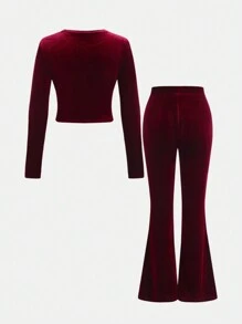 SHEIN 2pcs Tween Girl Casual Minimalist Comfy Raglan Sleeve Crew Neck Pullover Top And Mini Skirt Set - Black - View 2