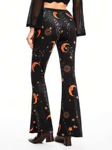 ROMWE Hippie Women Hippie Star & Moon Print Velvet Flare Pants
