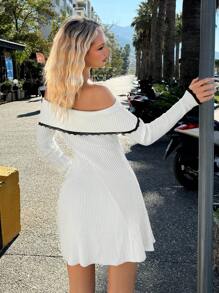 SHEIN EZwear Váy len ren viền tương phản hở vai gấp gọn thanh lịch cho nữ - trắng - Xem 2