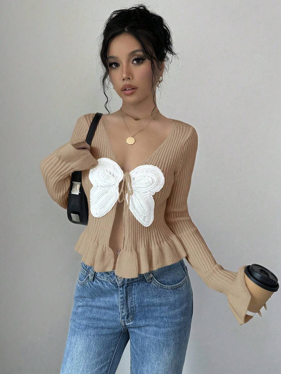 Elenzga Cárdigan informal de mujer con lazo al frente y bajo con volantes, manga larga, para otoño/invierno - Camel - Ver 1