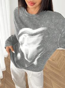 SHEIN EZwear Stir-Fried Acid-Washed Women's Long Sleeve Round Neck T-Shirt