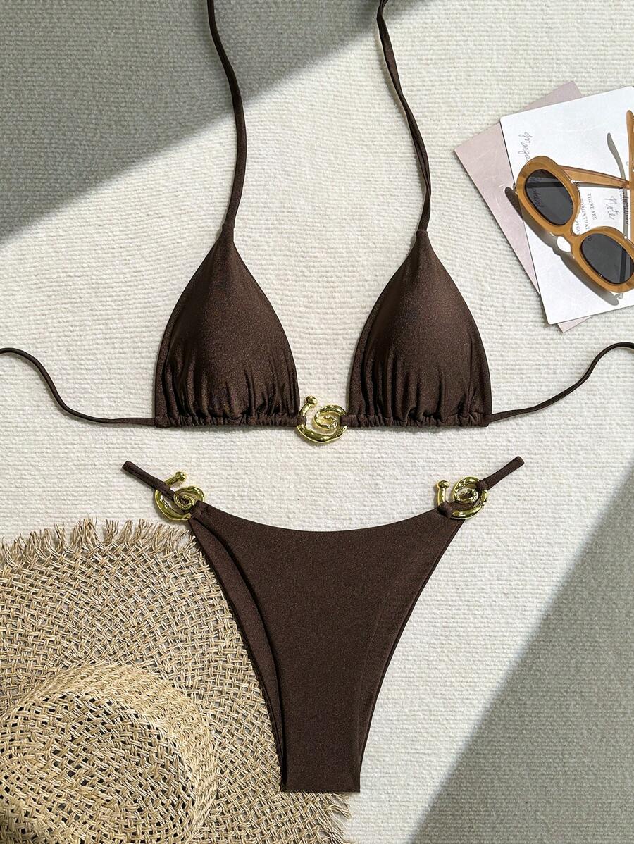 Damen einfarbiger modischer und sexy Bikini-Set für den Sommer - Braun - Übersicht 1