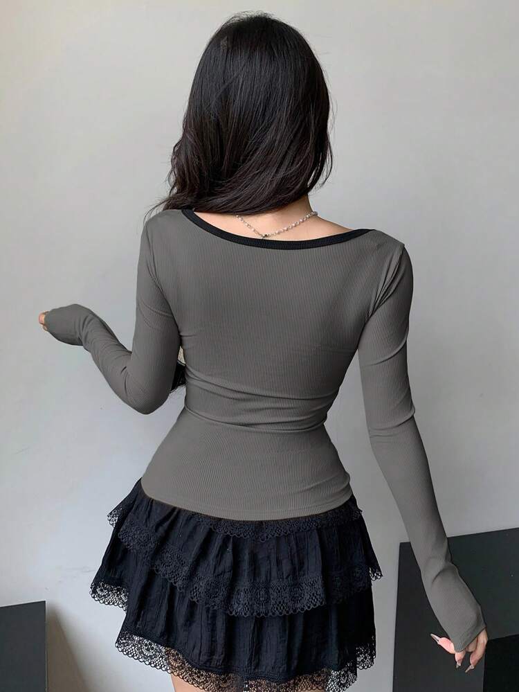 1pc Women Autumn New Color Block Bow Decor Fitted T-Shirt Long Sleeve Women Tops,Fall Women Clothes