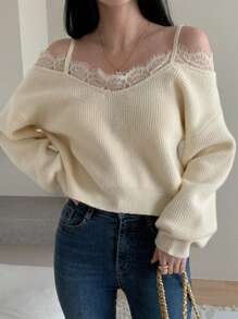 DAZY 女装秋季新款休闲撞色蕾丝露肩毛衣 露肩毛衣 - 米色 - 查看 2