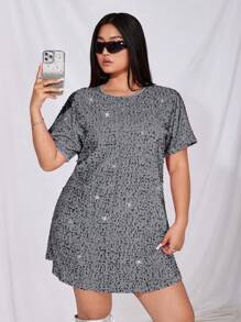 SHEIN ICON Vestido corto de manga corta con cuello redondo y lentejuelas, de moda para tallas grandes, de verano