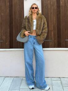SHEIN EZwear 女士纯色长袖短款蓬蓬领休闲夹克冬季 - 棕色 - 查看 7