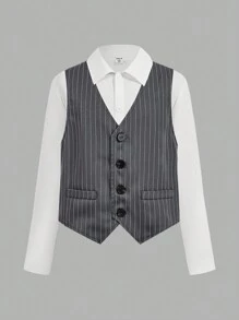 Set de 3 piezas de chaleco, camisa y pantalones a rayas para niño preadolescente, estilo caballero, apto para otoño, invierno y primavera. Excelente para actividades al aire libre, escuela, fotografía callejera, fiestas y vestir casual, alta rentabilidad - Multicolor - Ver 15