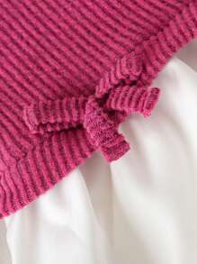 SHEIN Sweetra Young 女婴长袖拼布领蝴蝶结装饰上衣和长裤套装 - 玫紅色 - 查看 5