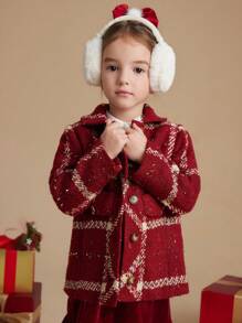 PrepCrw 秋冬季年轻女孩领口红色格子蝴蝶结装饰编织修身开衫