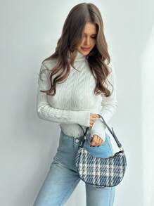 Firerie Women's Elegant Casual Collegiate Style Vintage White Turtle Neck Cable Knit Ribbed Fitted Sweater, Autumn/Winter New Arrival