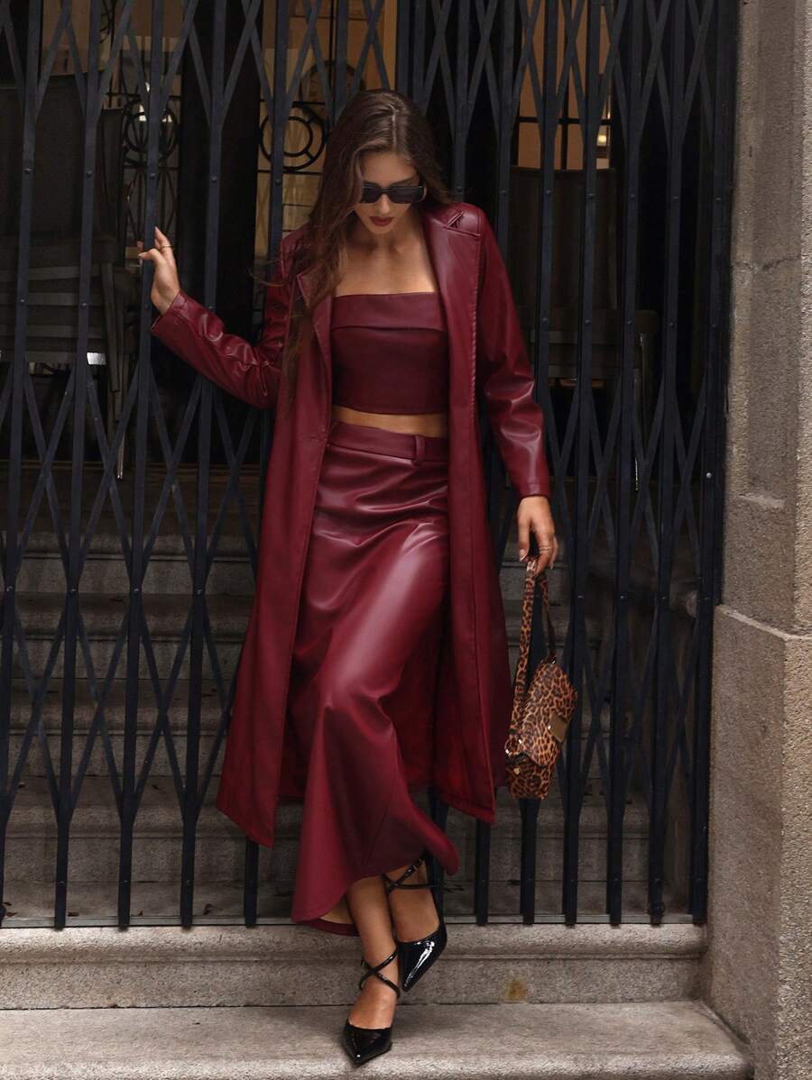 Aloruh 女士圣诞套装两件套 - 优雅性感纯酒红色 PU 皮革抹胸和铅笔裙套装，适合上班、生日、新年 - 酒紅色 - 查看 1