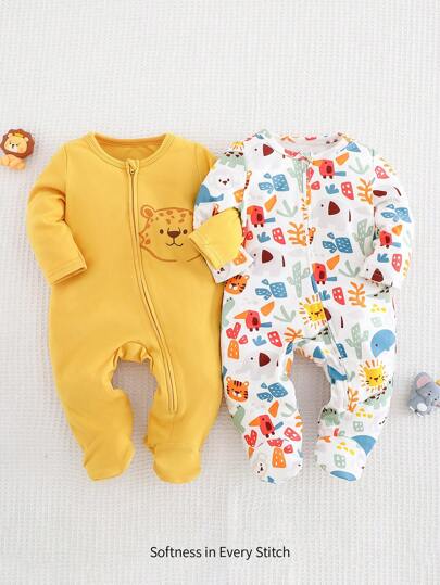 Cozy Pixies Recién nacido bebé niño conjunto de 2 piezas con diseño de animal de dibujos animados, mono de una pieza de punto suave con cuello redondo y manga larga