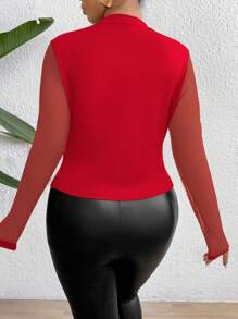 Celure Women Plus Size Solid Color Stand Collar Mesh Contrast Fitted T-Shirt For New Year Clothes Graphic Tees Women Tops