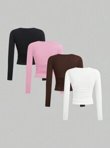 SHEIN EZwear 多色针织女式秋季圆领长袖褶皱修身 T 恤 - 粉色 - 查看 2