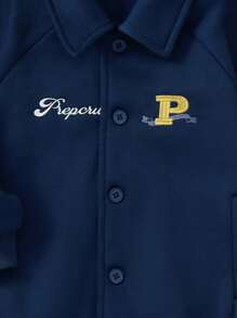 PrepCrw 男童海军蓝字母刺绣修身开衫夹克，学院风，适合返校季和秋冬季 - 藍色 - 查看 4