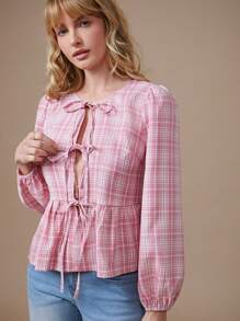 WESTFADE Western Cowgirl Plaid Tie Front Long Sleeve Ruffle Peplum Bow Top Spring Break Nashville