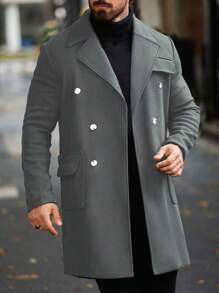 Manfinity Homme Men's Solid Color Turn-Down Collar Double-Breasted Casual Overcoat For Autumn/Winter - Grey - View 7