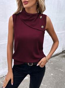 SHEIN Clasi Camiseta de tirantes sólida y versátil para mujer con cuello alto y decoración de botones
