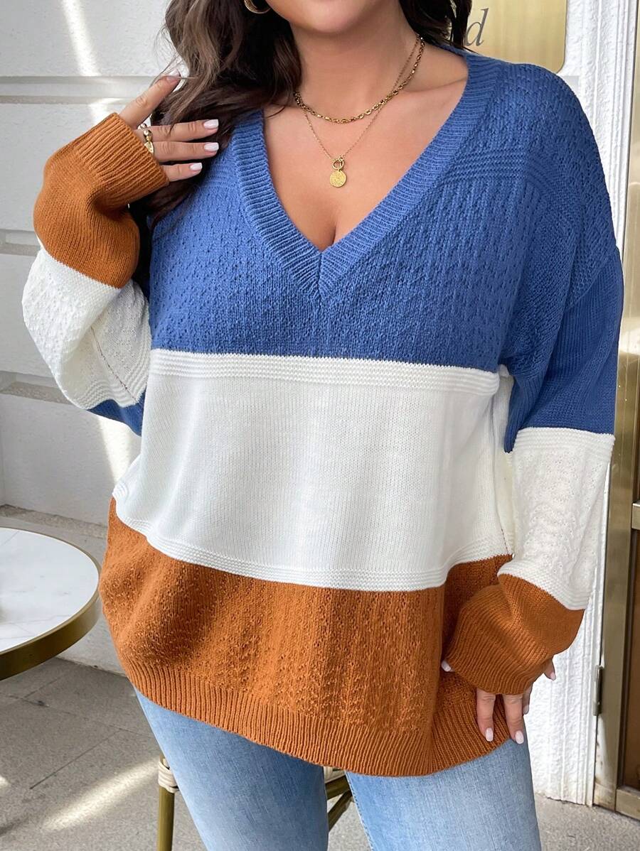 SHEIN LUNE Women Plus Size V-Neck Contrast Color Sweater, Casual For Autumn/Winter Knit Pullover Fall - Multicolor - View 1