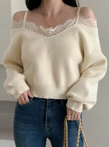 DAZY 女装秋季新款休闲撞色蕾丝露肩毛衣 露肩毛衣 - 米色 - 查看 3