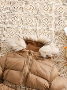 SHEIN Baby Girls Style Cute Versatile Warm Thermal Lined Solid Color Fur Collar Hooded Padded Coat, Suitable For Autumn/Winter - Multicolor - View 3