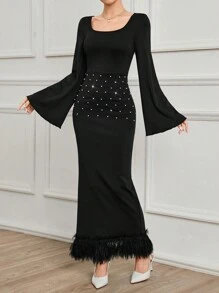 Modelyn Women's Extra Long Flare Sleeve Tassel Bead Detail Spring Autumn Dress Maxi Women Outfit Long Evening Dresses