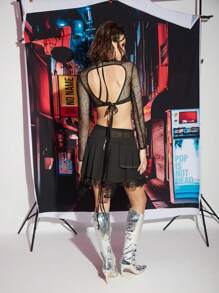 NO NAME Designer Women's Black See-Through Mesh Contrast Lace Belt Party Date Mini Skirt, Going Out, Vacation, Spring, Beach, Festival, Ibiza Fits - Black - View 2