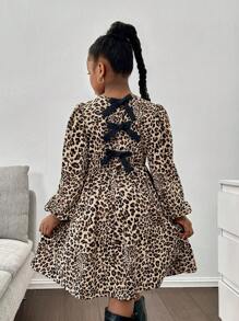 SHEIN Leap Crew Tween Girl Oversized Casual Leopard Print Dress With Bow Decor At Back, Suitable For Autumn & Winter - Multicolor - View 1