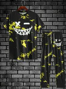 Manfinity Roughcore 2pcs Men's Smiling Face Print Round Neck Short Sleeve T-Shirt & Drawstring Waist Shorts Casual Set - Multicolor - View 5