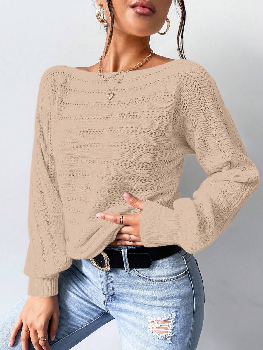 Chiquease Solid Color Crew Neck Casual Pullover Sweater Knit Pullover Fall Winter Outfit - Khaki - View 1