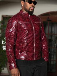 Manfinity VCAY Chaqueta informal holgada de manga larga con estampado de piel de pitón tejida, estilo juvenil de moda para hombres