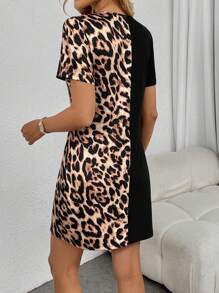 SHEIN Clasi Leopard Print Patchwork Long Sleeve A-Line Dress, Fashionable, Charming, Slimming, Autumn