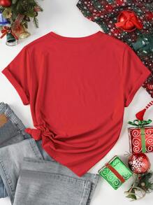 INAWLY Women's Christmas Deer Graphic Casual Round Neck Short Sleeve T-Shirt Graphic Tees Women Tops - Red - View 2
