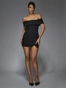 MISSGUIDED Vestido ajustado mini con cuello plegado, hombros descubiertos, cintura caída y abertura en el bajo