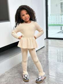 SHEIN Leap Crew Young Girl Daily Casual Solid Color Knitted Round Neck Long Sleeve Top And Extended Pants Set With Waist Cinching, Autumn/Winter - Apricot - View 5