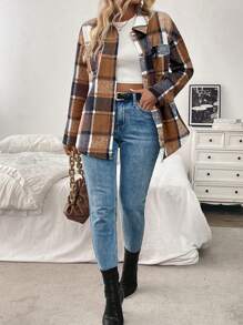 SHEIN LUNE Plus Size Women Plaid Fleece Regular Fit Casual Winter Jacket With Pockets - Multicolor - View 5