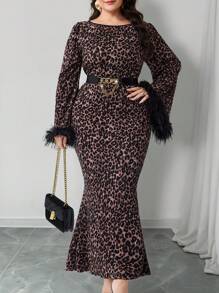 Modelyn Plus Size Leopard Print Fluffy Sleeve Panel Elegant Long Sleeve Dress - Multicolor - View 1
