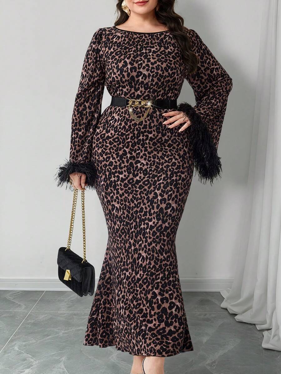 Modelyn Plus Size Leopard Print Fluffy Sleeve Panel Elegant Long Sleeve Dress - Multicolor - View 1