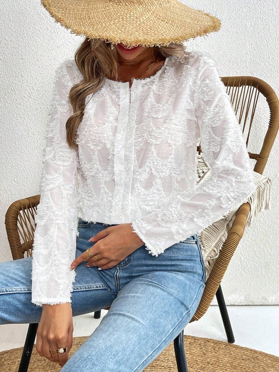 SHEIN VCAY Women's Solid Color V-Neck Loose Long Sleeve Woven Blouse