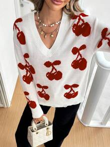 SHEIN Frenchy Women Cherry Pattern V-Neck Drop Shoulder Long Sleeve Loose Sweater, Autumn & Winter Casual - Multicolor - View 3