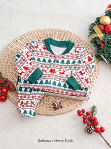 Cozy Pixies 新生男婴圣诞图案拼接长袖连体衣睡衣、休闲家居服 - 綠色 - 查看 3