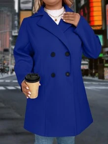 SHEIN LUNE Abrigo abrigado de talla grande con abotonadura sencilla de imitación de cachemira, chaqueta casual de unicolor, otoño/invierno - Azul - Ver 3