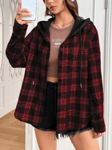 SHEIN EZwear Red Plaid Woven Hooded Shirt, Casual Autumn/Winter